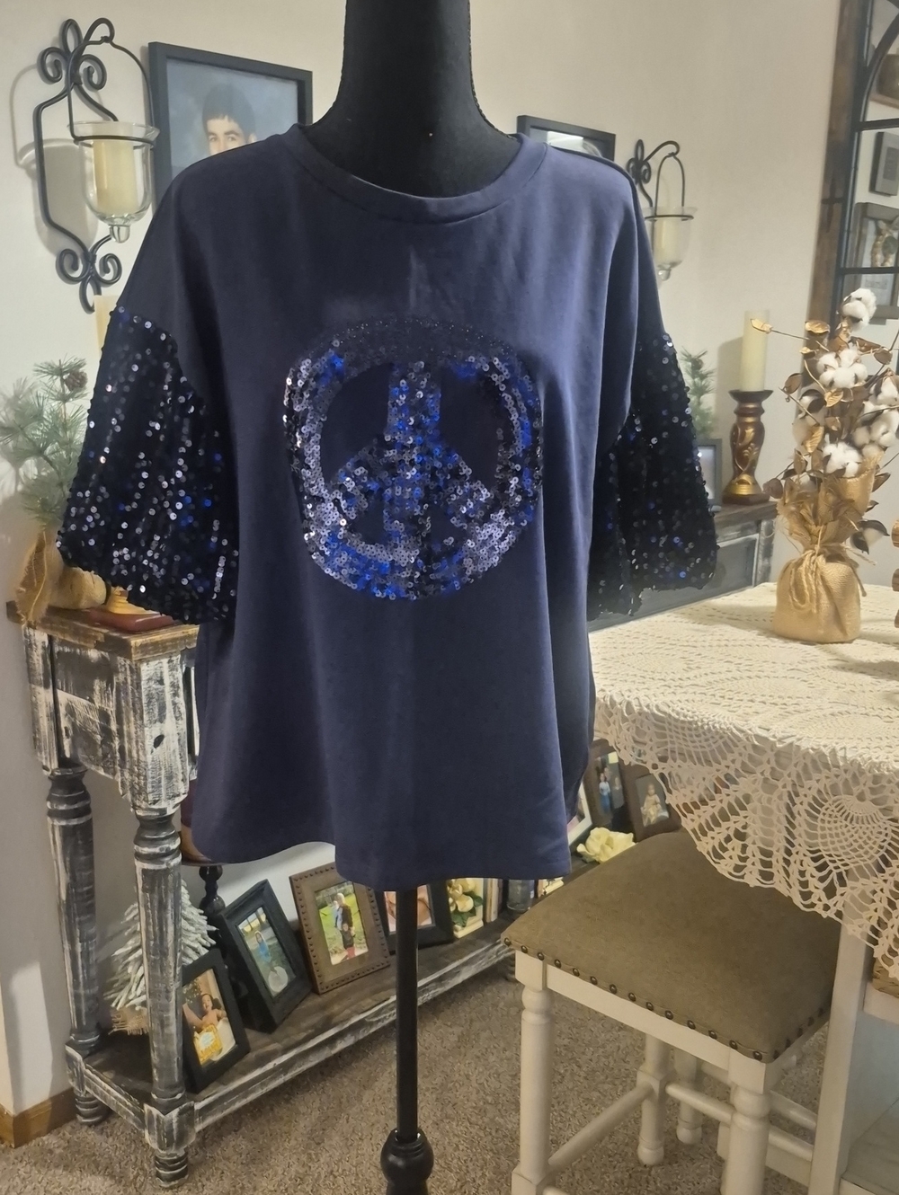 Umgee Navy Sequin Peace Sign Short Sleeve Tee